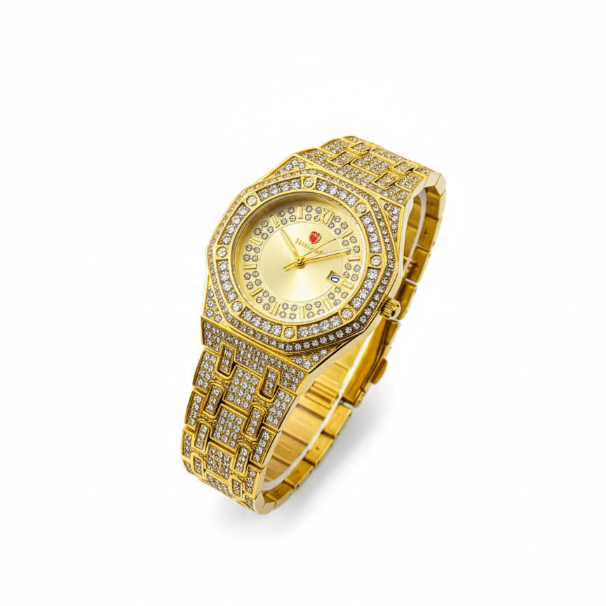 Luxury Gold Diamond-Studded Wrist Watch – Premium Designer Style Quartz Watch for Men & Women