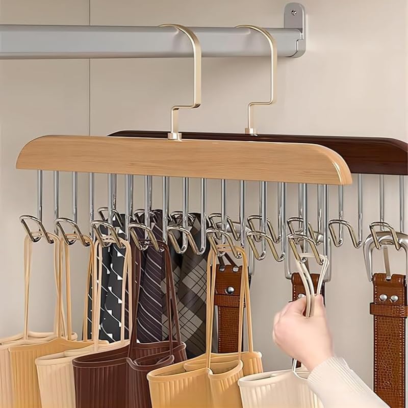 8 Hooks Wooden Clothes Hanger With Tie Rack Belt Hangers with 360°Rotating