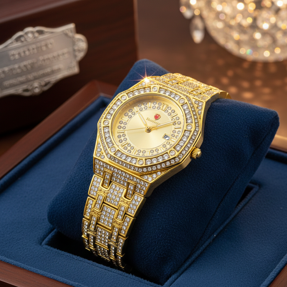 Luxury Gold Diamond-Studded Wrist Watch – Premium Designer Style Quartz Watch for Men & Women