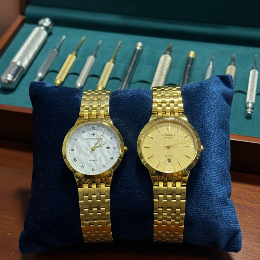 Classic Gold-Plated Men's Quartz Watch - Luxury Inspired Vacheron & Longines Style Dress Watches with Date Display & Link Bracelet ( golden with golden dial )